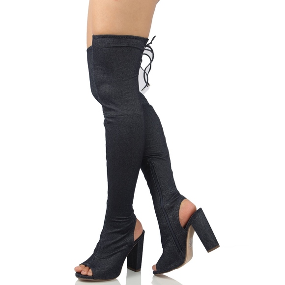 Blue Denim Over the Knee Back Tie Block Heel Boot - Picture 2 of 7